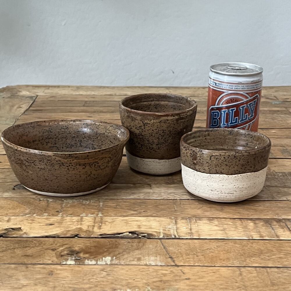 Studio Art Stoneware Bowl & Cup Set (3) Speckled Two Tone Dipped Semi-Matte - Picture 2 of 16
